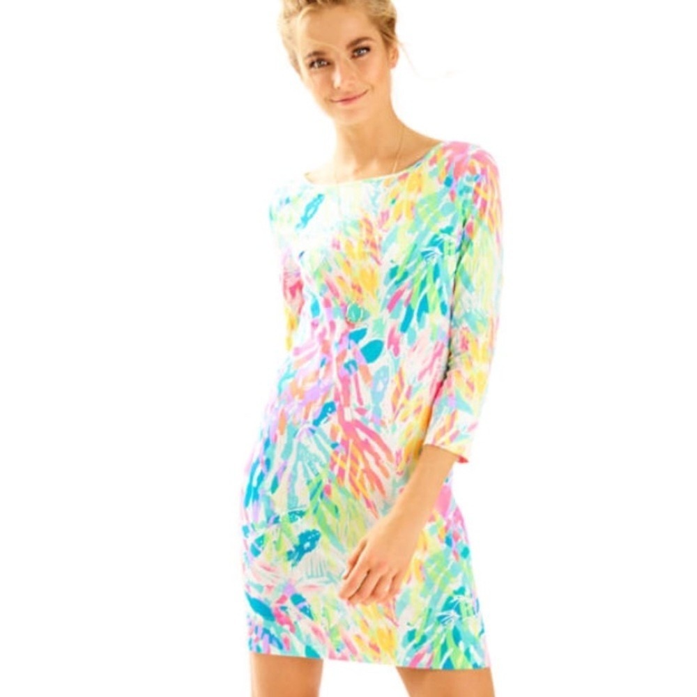 Lilly Pulitzer Marlowe Dress Sparkling Sands Multicolor Pima Cotton 3/4 Sleeve S